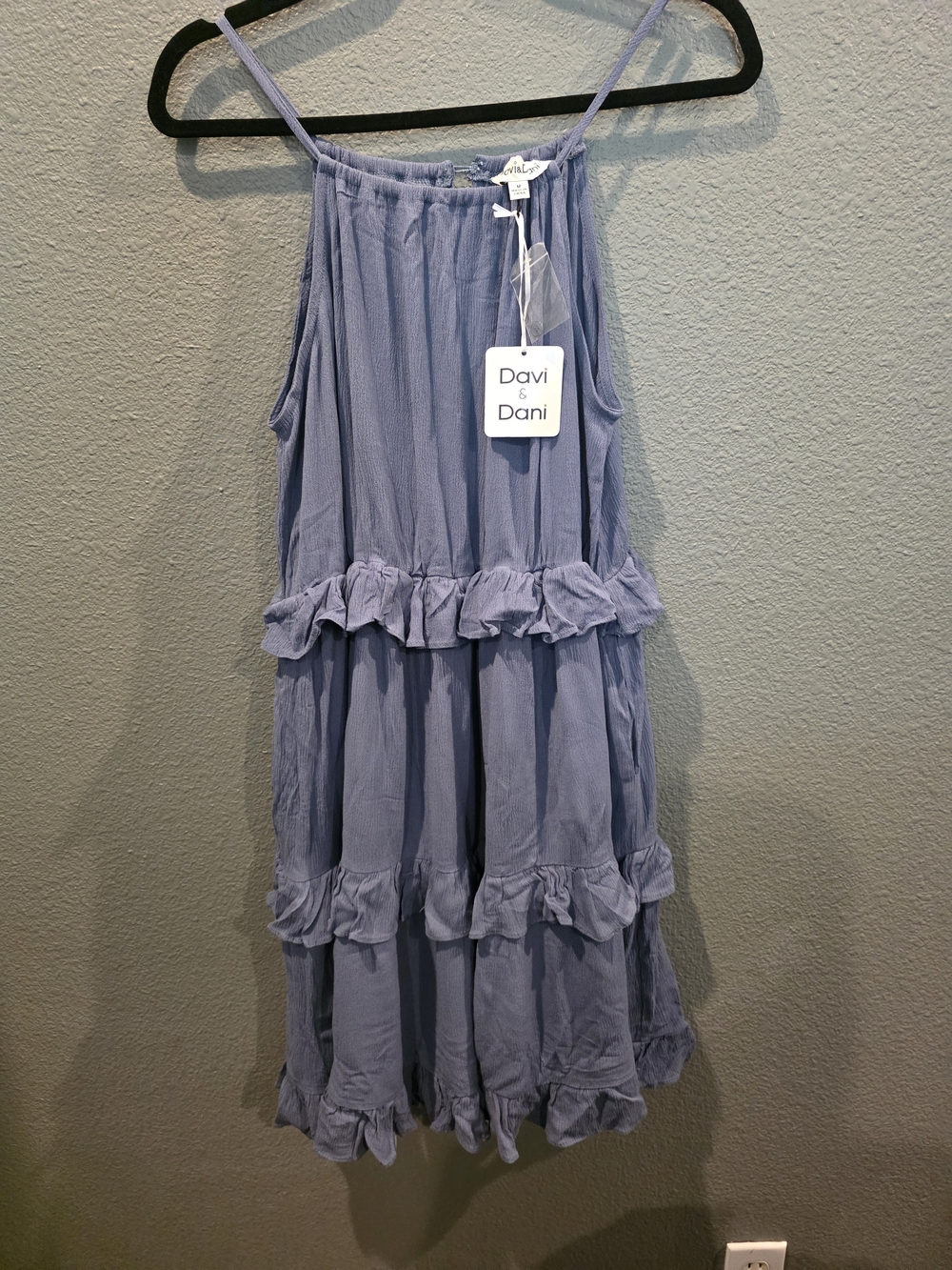 NWT Davi & Dani Tiered Ruffle Mini Dress Blue Gauze Sleeveless Size Medium Boho